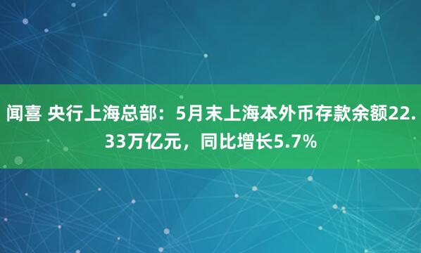 闻喜 央行上海总部：5月末上海本外币存款余额22.33万亿元，同比增长5.7%